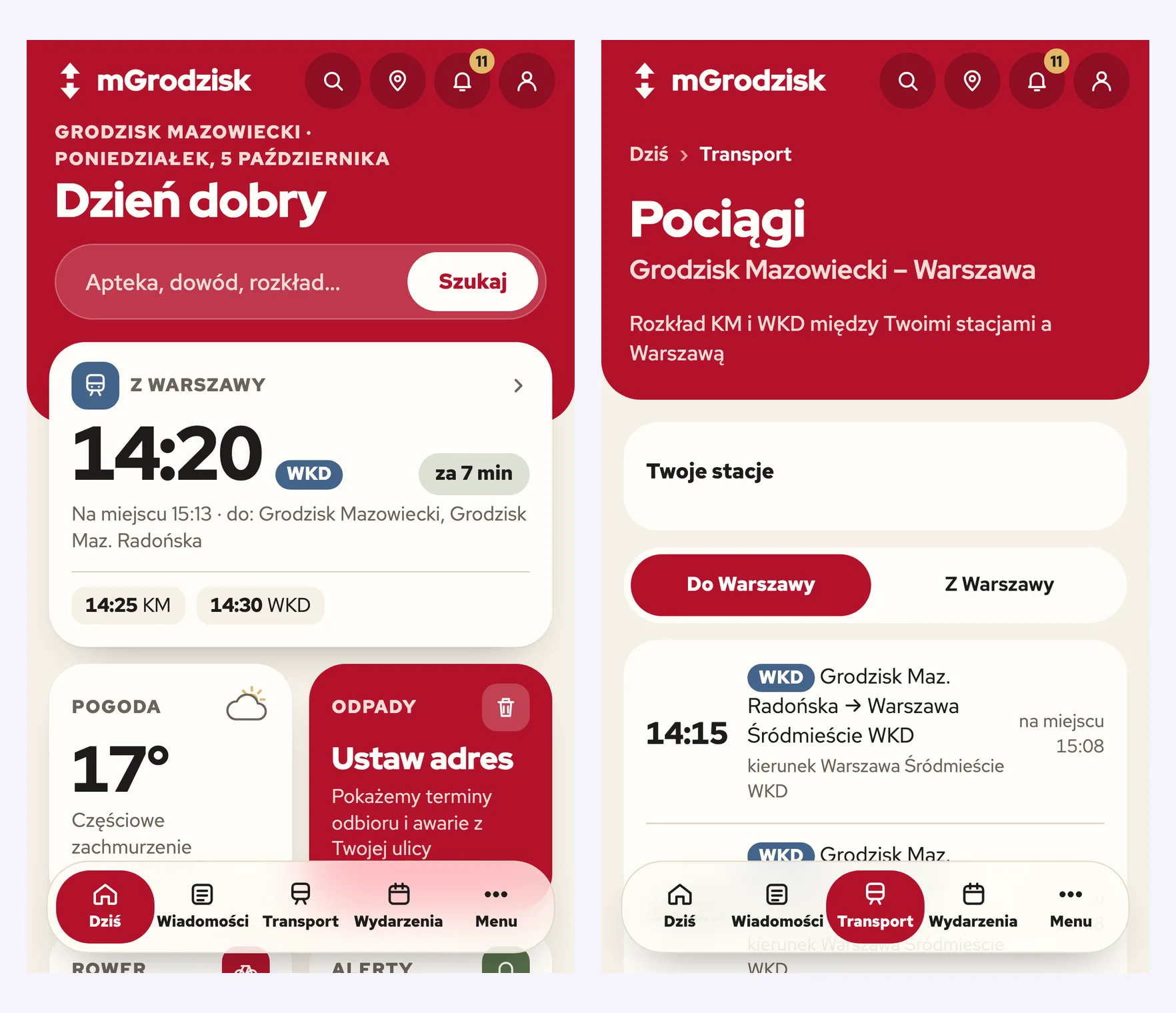 mGrodzisk na telefonie: ekran Dziś i rozkład pociągów
